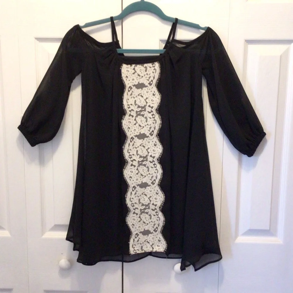 Bonnie Jean Girls Black Chiffon Layered Lace Panel Cold Shoulder Dress Size 8